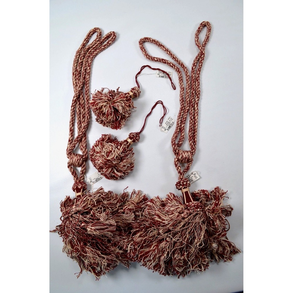 Lot of 4 Vintage Red & Ivory Drapery TieBacks Twisted Cord Regency Shabby Chic